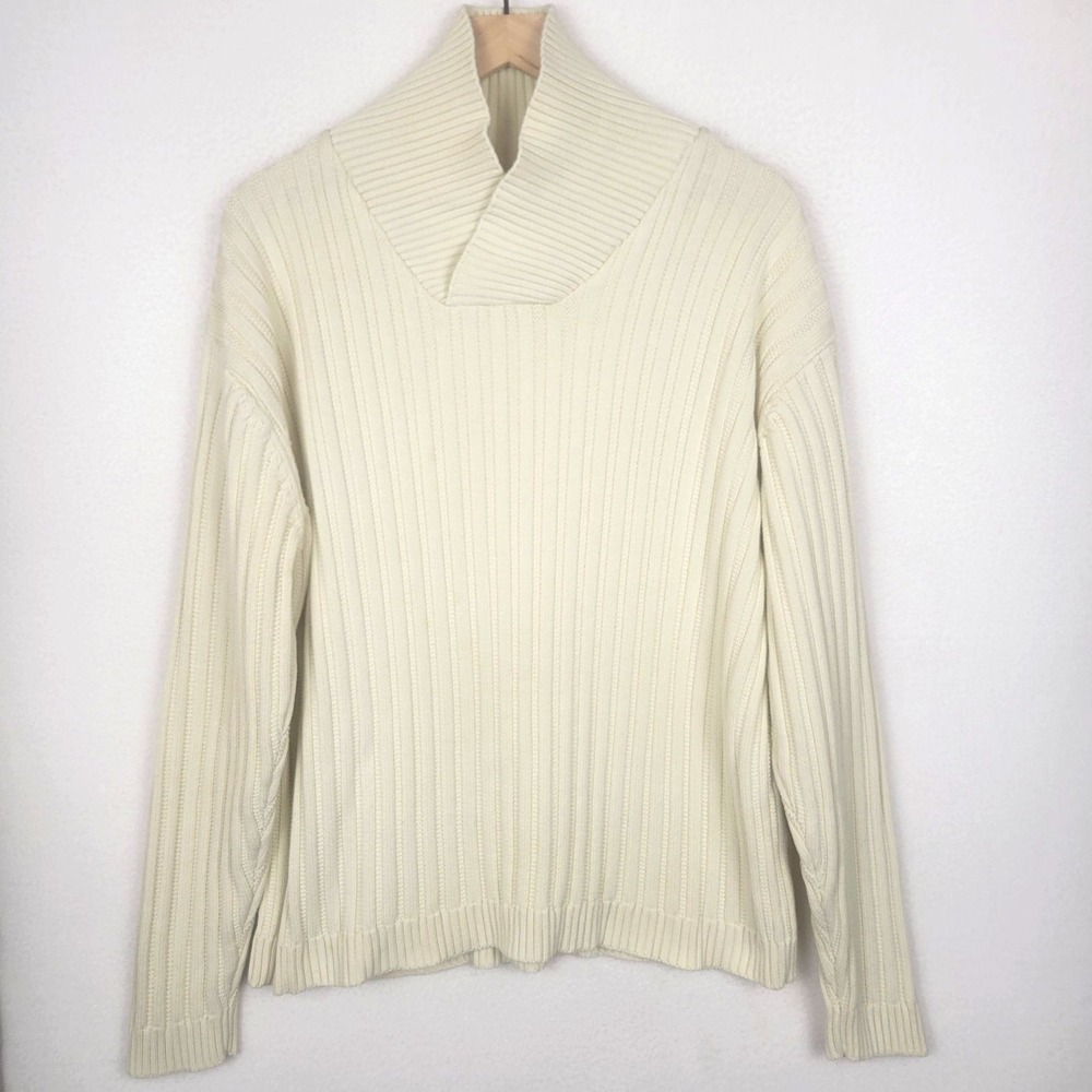 Lavane New York Ribbed Knit Sweater‎ XL Cream Shawl Collar Minimalist Cozy